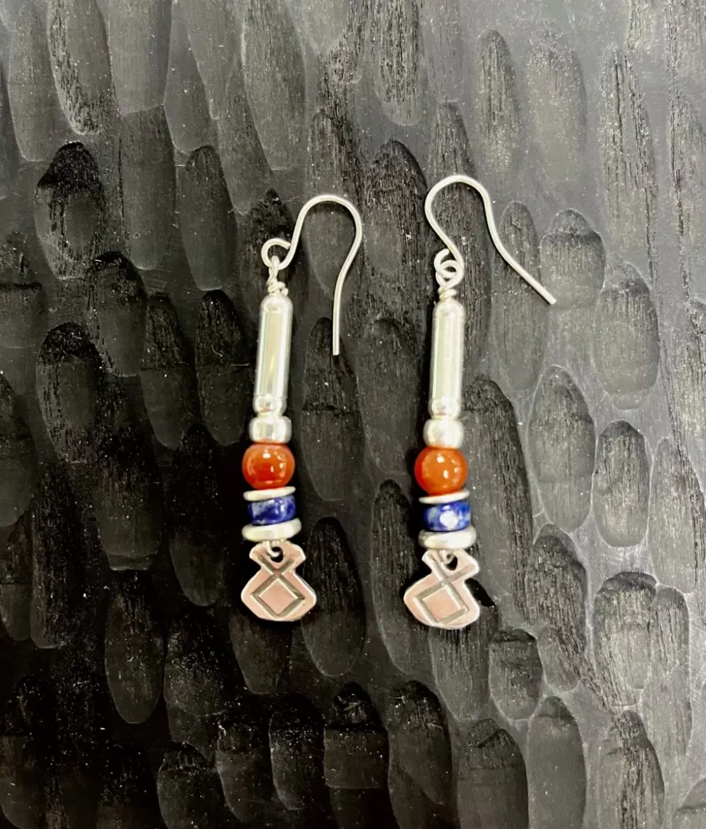 Silver earrings with orange banded agate and lapis